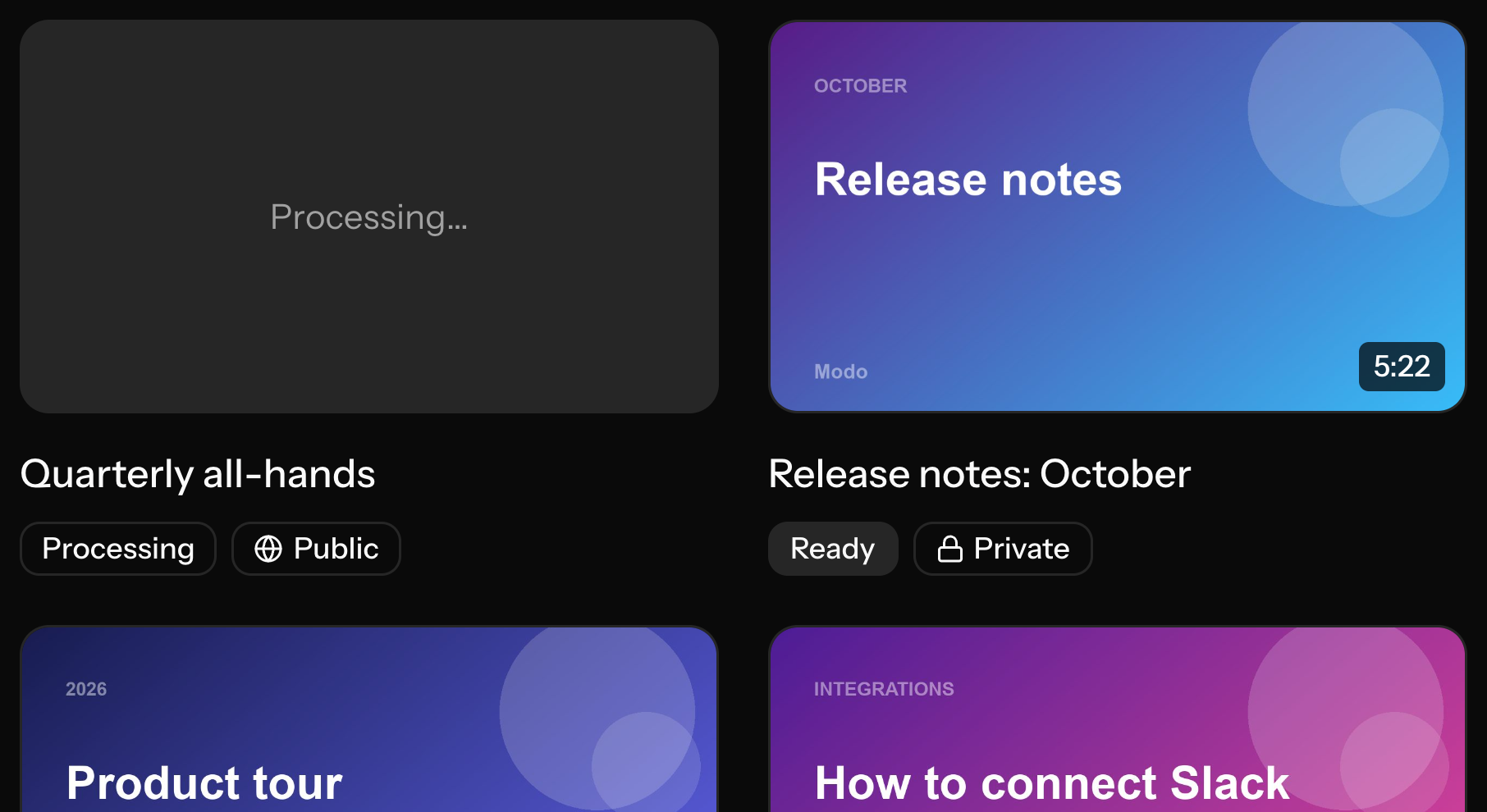 The video library, with a video still processing