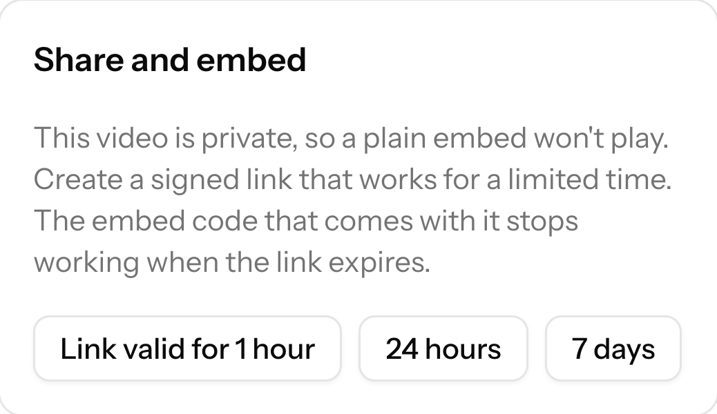 Signed links for a private video, valid for 1 hour, 24 hours or 7 days