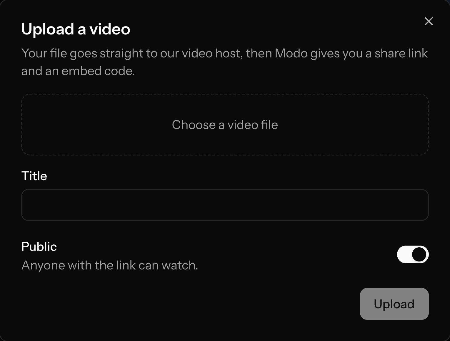 The upload dialog, with a title and a public or private switch