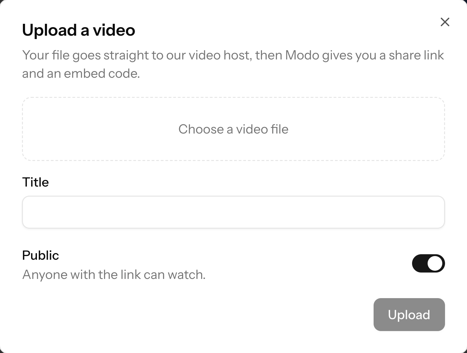The upload dialog, with a title and a public or private switch
