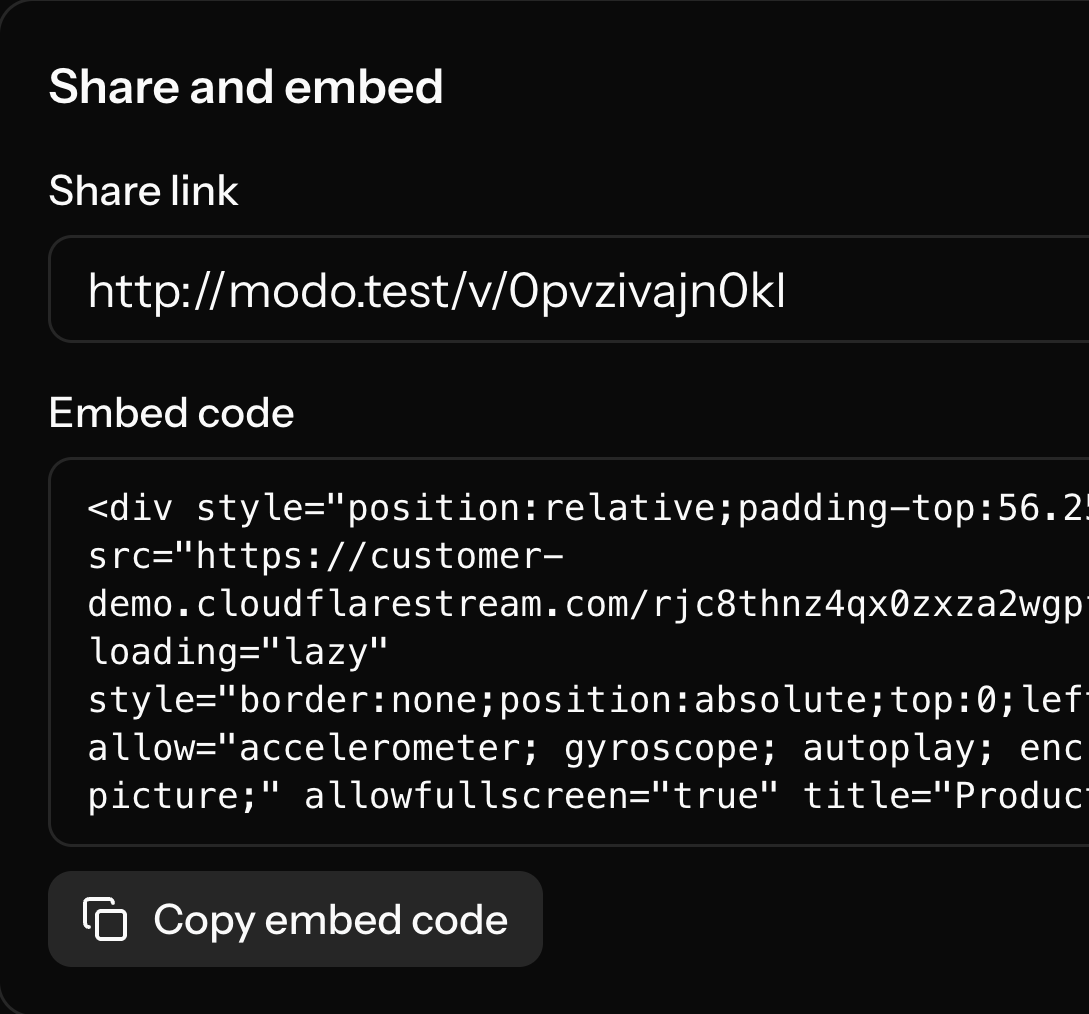 A video with its share link and embed code