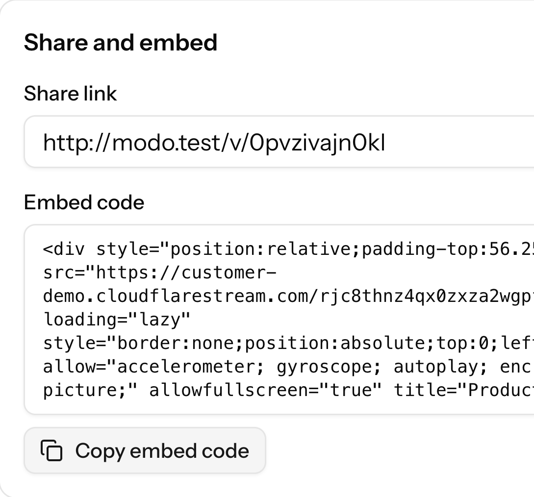 A video with its share link and embed code