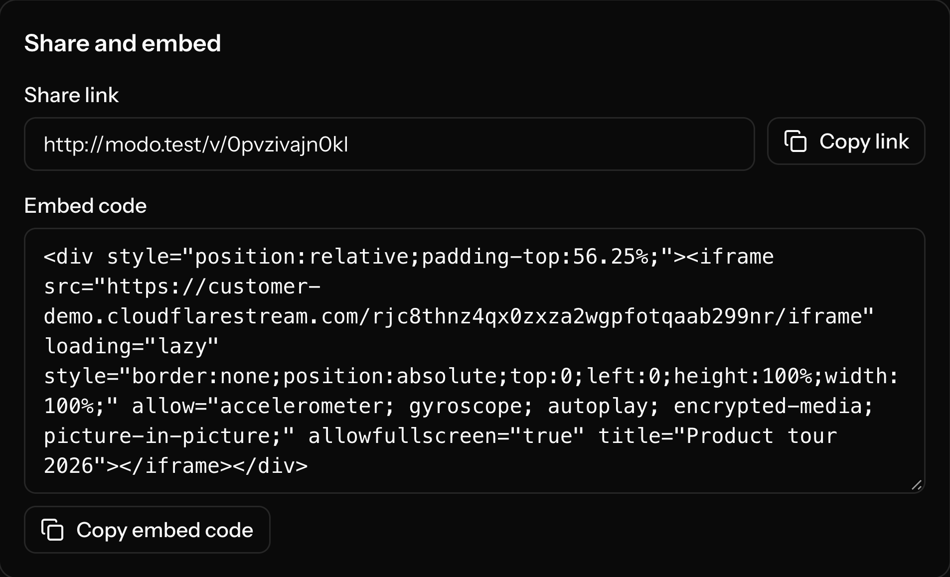 The share link and embed code of a video
