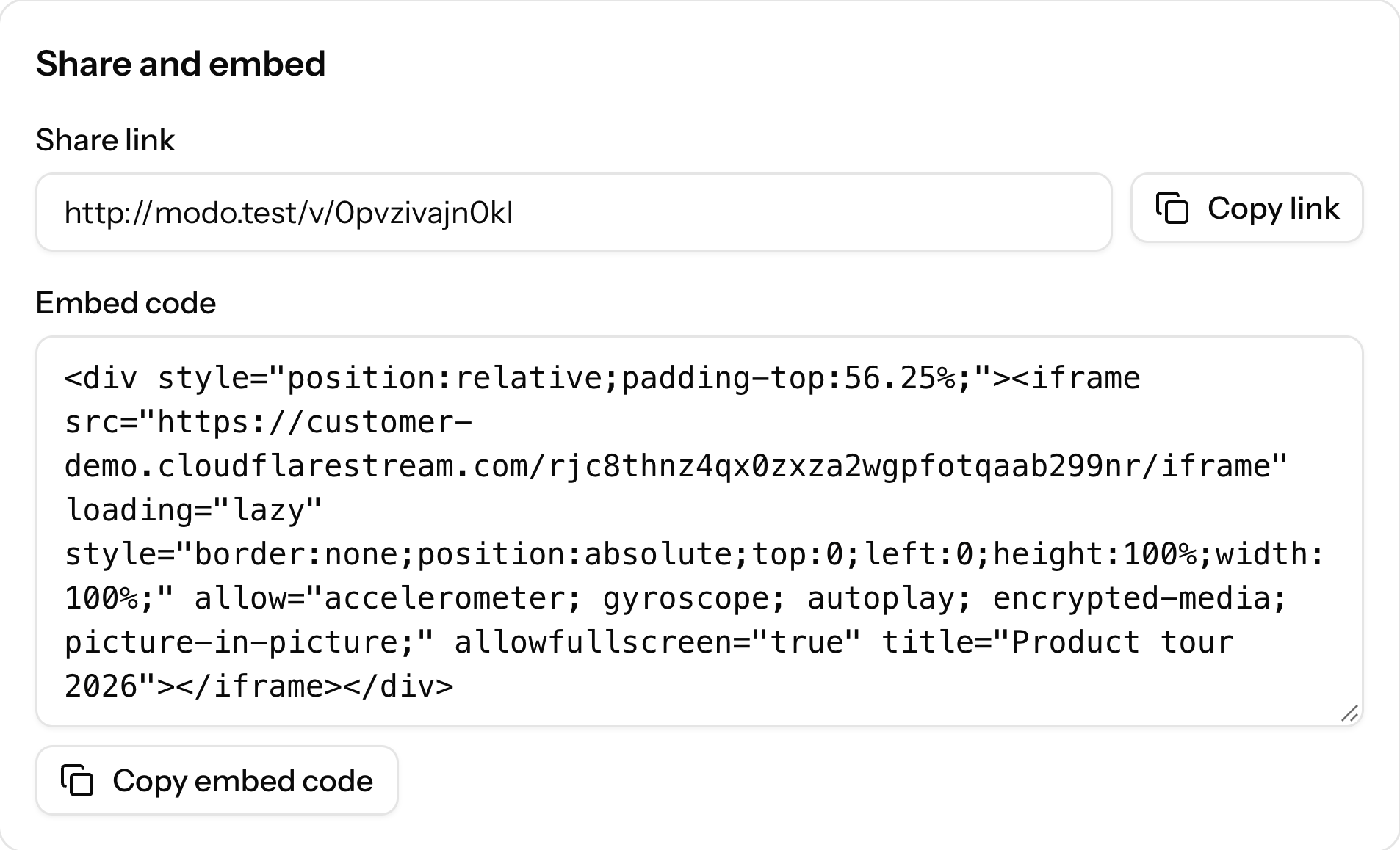 The share link and embed code of a video